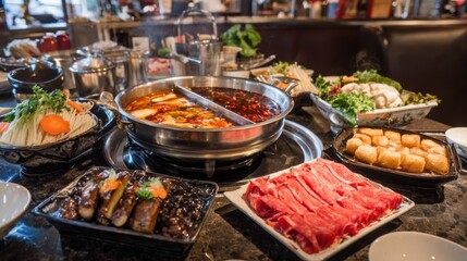 Obraz premium A table full of food with a lot of meat and vegetables. The food is served in small plates and bowls