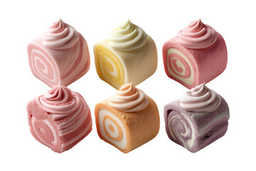 Six colorful artisanal gourmet candies arranged in two rows creating a delightful sweet confectionery art display of vibrant pastel treats isolated on transparent background