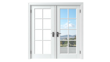 White French doors with divided panes; one opaque, one with a scenic outdoor view