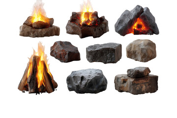 Collection of realistic campfire and rock elements for outdoor scenes and design projects isolated on black isolated on transparent background