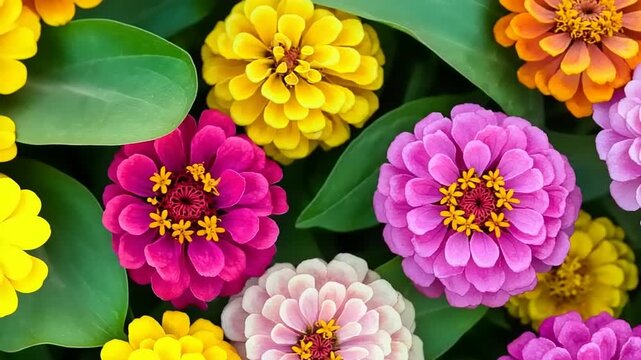 Close-up view of vibrant, multi-colored zinnia flowers blooming in a garden.