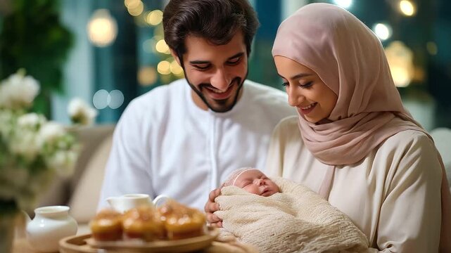 Family in MENA society celebrating newborn arrival with traditional sweets and tea on tray, under gentle warm light, showcasing cultural joy and vibrant decor, serene home scene, c