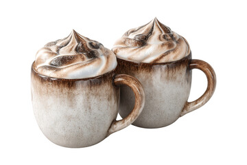 Two delicious cups of hot chocolate topped with whipped cream ready to be enjoyed indoors on a cozy evening isolated on transparent background