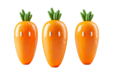 Three vibrant orange carrots with green tops displayed in a uniform row showcasing fresh produce and healthy eating for culinary inspiration. isolated on transparent background