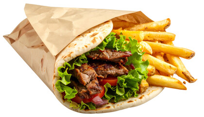 A delicious pita wrap, packed with meat, veggies, and fries, nestled in brown paper