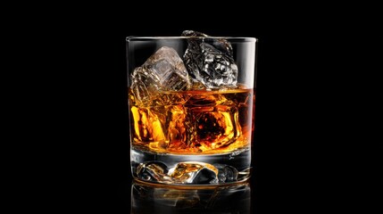 A glass of liquor with ice cubes in it. The glass is half full and the ice cubes are floating in the liquid