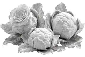 Artistic grayscale sculpture of three delicate cabbage or flower blooms with textured petals and leaves isolated isolated on transparent background