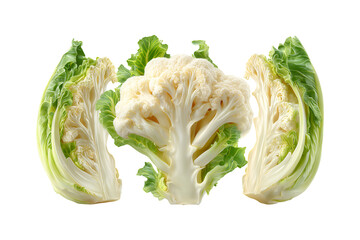 Fresh cauliflower cut in half showing creamy white florets and green leaves isolated on a dark surface for healthy cooking isolated on transparent background