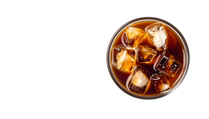Cold, dark drink with ice cubes, seen from above