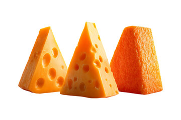 Three delicious wedge-shaped cheeses with distinct textures and holes isolated on a dark surface for food photography isolated on transparent background