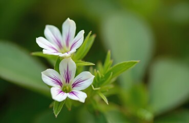 Fototapeta premium Delicate white flowers with purple stripes and green leaves bloom. Tiny petals show fine veins. Soft focus background enhances floral detail.