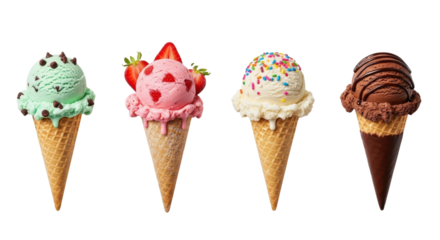 Four scoops of delicious flavored ice cream in waffle cones for a summer dessert menu isolated PNG with Transparent Background