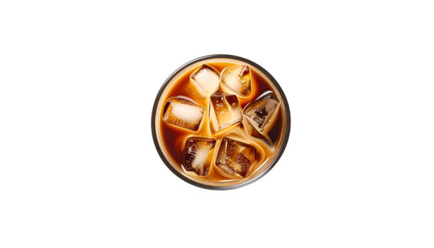 Iced coffee ice cubes floating in a dark drink, top-down view