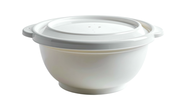 White plastic bowl with lid, circular shape, side handles
