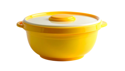 Yellow plastic bowl with white lid, knob handles on black