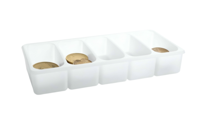 White plastic cutlery organizer with some circular discs inside