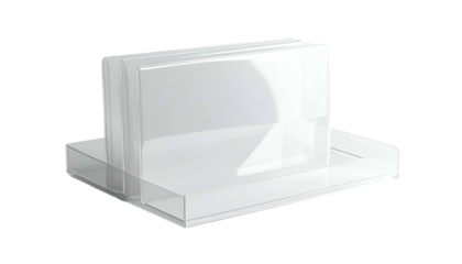 Stacked white cards in clear holder. Modern design, clean look