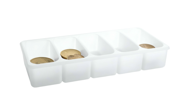 White plastic cutlery organizer with some circular discs inside - Powered by Adobe