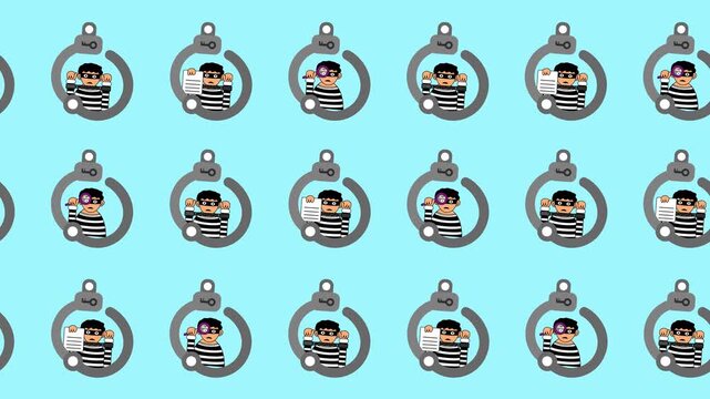 Seamless pattern of cartoon burglar and investigation icons in handcuff frame on screen background animation. Repeating wallpaper with crime, security, and law enforcement symbols. Cybersecurity sign.
