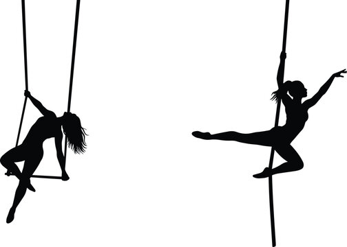 Silhouette of aerial dancers performing acrobatics on trapeze and pole, graceful female performers showing strength, balance, art, and motion
