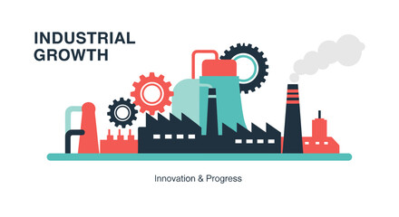 Obraz premium Flat vector illustration of factory buildings and gears representing industrial growth manufacturing and innovation