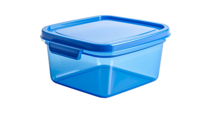 Translucent blue square container with matching lid on black