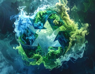 Fototapeta premium Graphic of a recycling symbol w/ colorful, abstract wisps flowing around it