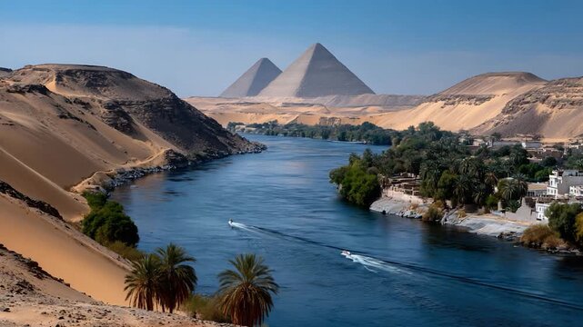 Scenic Nile River Cruise with Pyramids in the Distance.
