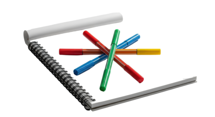 Blank spiral notebook and colorful drawing markers for creative projects and art supplies isolated PNG with Transparent Background