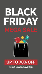 Black Friday Mega Sale with up to 70 off Perfect for retail advertising and promotions