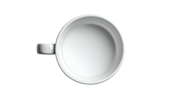Top-down shot of a simple, empty, clean, white ceramic mug