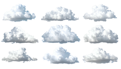 Nine fluffy white cumulus clouds, detached and against a transparent background