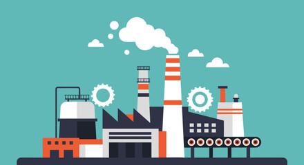 Obraz premium Manufacturing factory illustration with chimneys smoke gears and conveyor belt