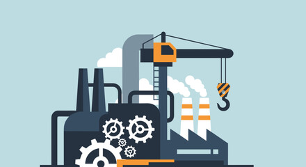 Obraz premium Industrial factory illustration showing crane gears and smokestacks Manufacturing and process concept
