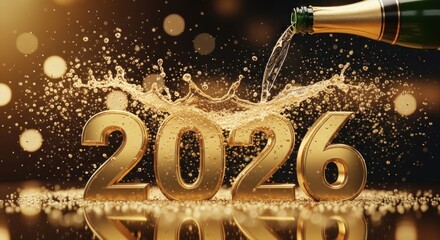 Champagne pours over gold "2026" numbers with sparkling bokeh background