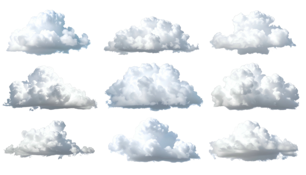 Nine fluffy white cumulus clouds, detached and against a transparent background
