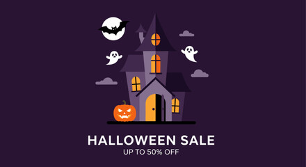 Flat design Halloween Sale banner with haunted house pumpkin and ghostly characters