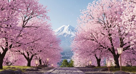 Cherry blossoms line a path toward snow-capped mountain. Serene and beautiful