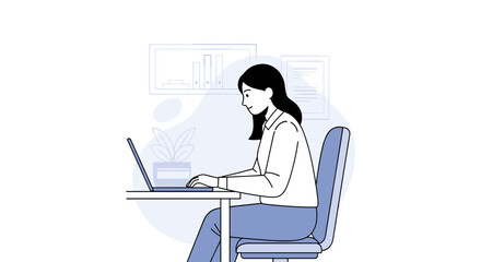 Businesswoman typing on laptop in modern office setting Remote work and productivity illustration