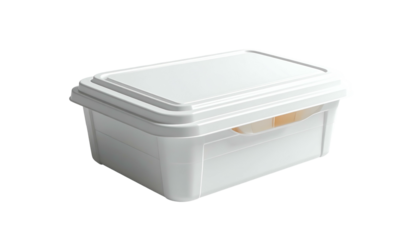Rectangular white plastic container, lid slightly ajar