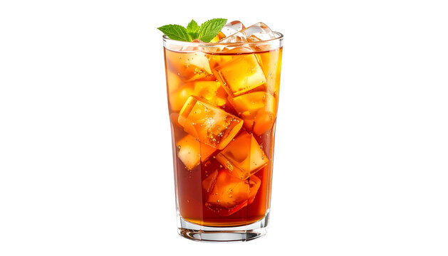 A tall glass of iced tea with ice cubes and mint garnish against a black backdrop - Powered by Adobe