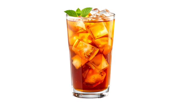 A tall glass of iced tea with ice cubes and mint garnish against a black backdrop