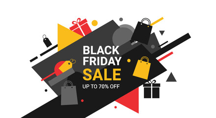 Black Friday Sale promotion banner with abstract shapes shopping bags and discounts