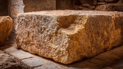 A large stone slab sits on the ground. The stone is rough and has a weathered appearance. The slab is large enough to be seen from a distance, and it seems to be a part of a larger structure