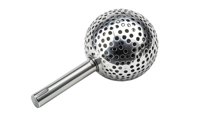 Shiny, perforated metal sphere with handle against black backdrop