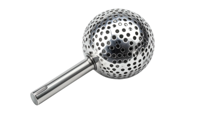 Shiny, perforated metal sphere with handle against black backdrop