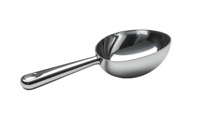 Shiny metal ice scoop with short handle on black