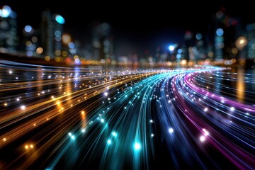 Colorful light trails over blurred cityscape at night