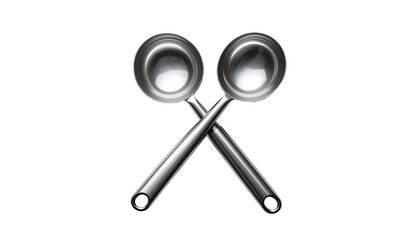 Crossed metal ladles reflect light against a stark black background