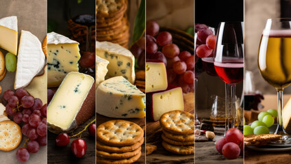 A cozy wine‑and‑cheese collage features creamy and blue‑veined varieties with crackers and grapes, alongside glasses of red and white wine for an inviting, indulgent tasting spread
